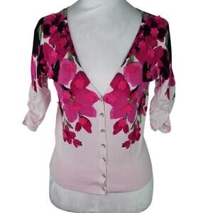 INC International Concepts 3D Floral Applique Rhinestone Button Pink Top XS
